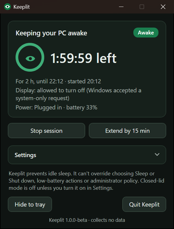 Keeplit's panel during a session, showing the countdown ring and Stop and Extend buttons.